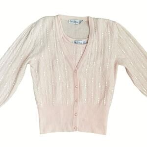 Vtg Marisa Christina Sweater Set Women M Angora Lambswool Beaded Cardigan Pink